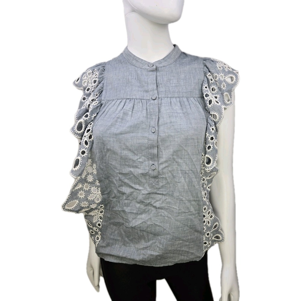 Joie Coralia Embroidered Top‎ blue button placket eyelet lace flutter sleeve S